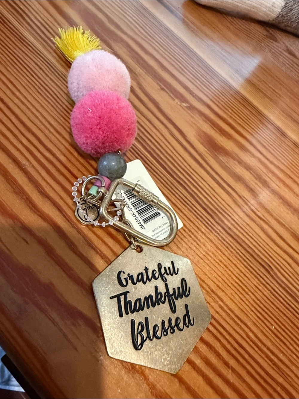 Tassel Pom Pom Keychain with 'Grateful Thankful Blessed' Charm - Pink & Yellow